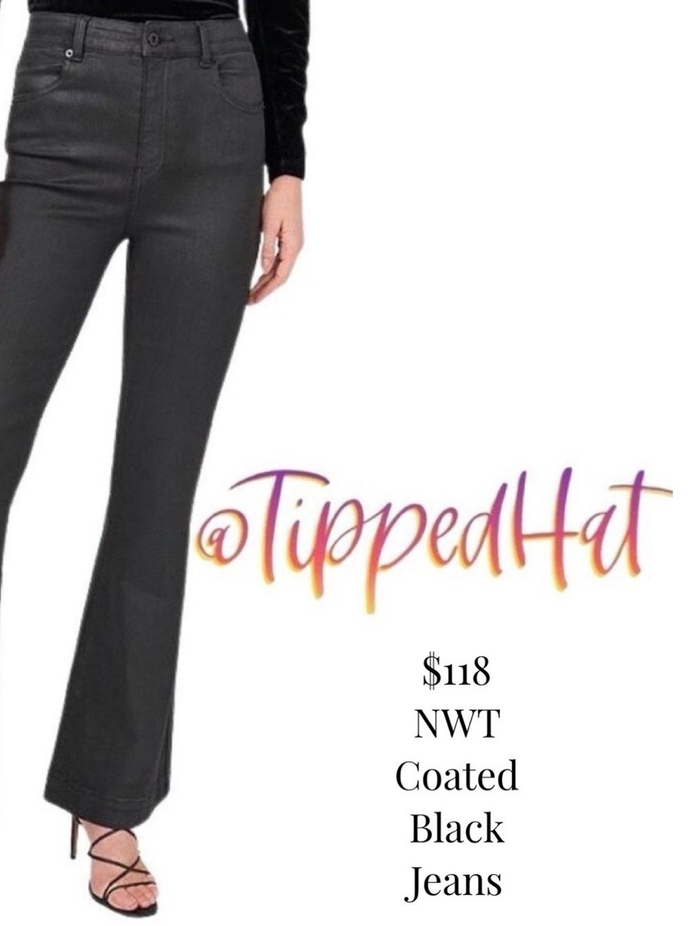 NWT $118 Coated Flare Chelsea & Violet Rich Black Jeans